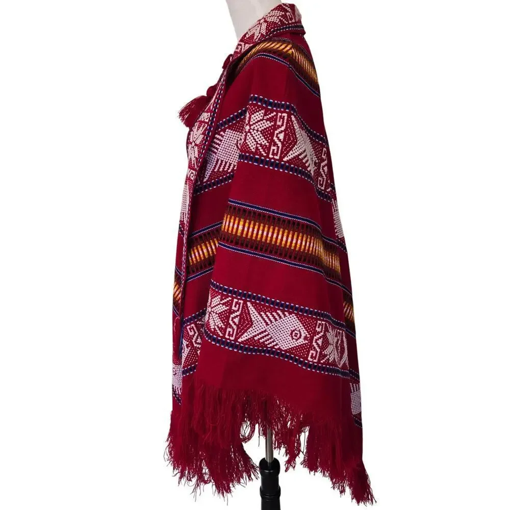 Handmade Otavalo Red Wool Poncho/Cape Made in Ecuador One Size Tribal Boho